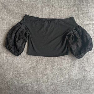 Black Cropped Off-the-Shoulder Top with Bell, Crochet Sleeves (Size Small)